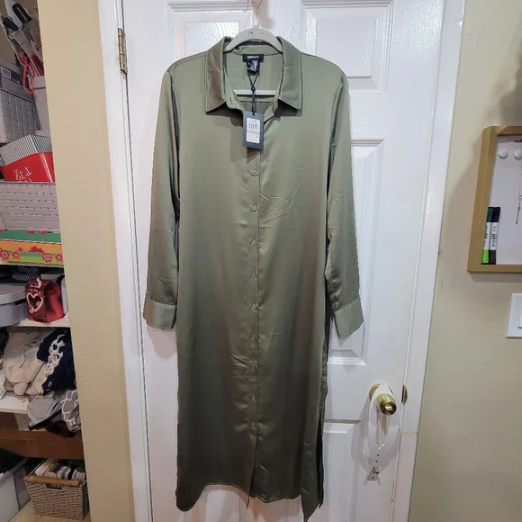 DKNY Olive Green Shirt Dress Womens Size 12 - Picture 4 of 7